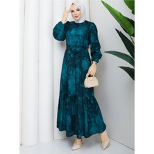 Exit Collection Kadın Uzun Tesettür Şık Elbise - Kemerli Cesika Kumaş Baskı Desenli Tesettür Elbise Uzun Kollu 140CM Uzunluğunda