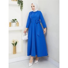 Exit Collection Kadın Tesettür Saks Mavisi Sabit Kuşaklı Modern Şık Uzun Gece Elbise Kıyafet