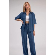 Tlg Giyim Kadın Tencel Kumaş Yarım Kol Gömlek Pantolon Denim Takım