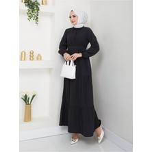 Exit Collection Kadın Tesettür Siyah Uzun Kuşaklı Önü Düğmeli Şık Modern Terikoton Elbise