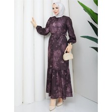 Exit Collection Kadın Uzun Tesettür Şık Elbise - Kemerli Cesika Kumaş Baskı Desenli Tesettür Elbise Uzun Kollu 140CM Uzunluğunda