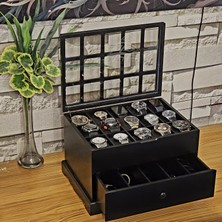 Tekir Store Ahşap Siyah 15 Bölmeli Saat 5 Bölmeli Gözlük Kutusu Dekoratif Saklama Kutusu Organizer
