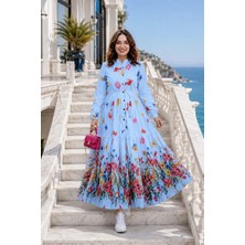 Harma Time Butik Kadın Düğmeli Çiçek Desenli Modal Mavi Elbise