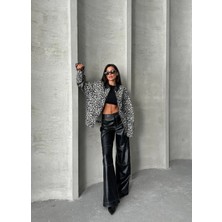 Herton Deri Yakalı Leopar Desenli Oversize Denim Mont