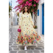 Harma Time Butik Kadın Düğmeli Çiçek Desenli Modal Sarı Elbise