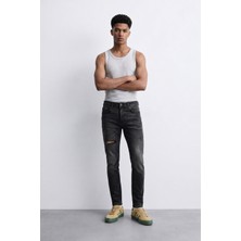 Blue White Erkek Slim Fit Yırtık Detay Antrasit Jean Pantolon
