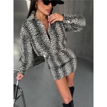 Herton Siyah Beyaz Leopar Desenli Uzun Kollu Mini Tulum