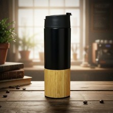 Shoplet 450 ml Bambu Kaplamalı Çelik Termos - Sıcak ve Soğuk Tutucu Sızdırmaz Mat Siyah Kahve Termosu