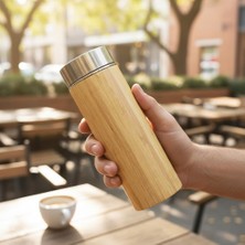 Shoplet 450 ml Bambu Kaplamalı Çelik Termos - Klasik Bardak Kapaklı Sıcak ve Soğuk Tutucu Seyahat Termosu