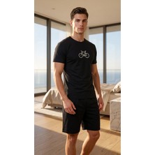 Sude Homewear Siyah Kısa Kollu Örme Nakışlı Erkek Şort Pijama Takım