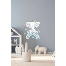 Kanvassepetinet Mavi Renk Sevimli Fil ve Gökkuşağı Duvar Sticker Seti