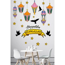 Kanvassepetinet Hoşgeldin Ramazan Renkli Fener Sarkıt Kuşlar Dekoratif Cam Duvar Sticker Seti