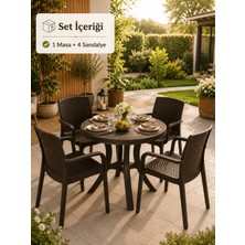 Yognetic Rattan Bahçe & Balkon Masa Sandalye Seti | 80 cm Yuvarlak Masa + 4 Sandalye