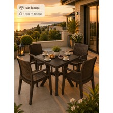 Yognetic Rattan Bahçe & Balkon Masa Sandalye Seti | 70X70 cm Kare Masa + 4 Kollu Sandalye