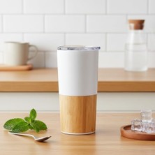 Shoplet 600 ml Bambu Tabanlı Çelik Termos Mug - 5 Farklı Renk Seçenekli Sıcak ve Soğuk Tutucu Seyahat Bardağı (Beyaz)