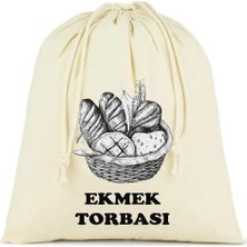 Ekmek Torbası, Pamuk Bez Torba, 40X40 Cm, Baskılı Ekmek Desenli, Krem Rengi