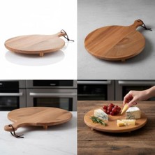 Ayaklı Akasya Sunum Tabağı ve Servis Tahtası (40X30 Cm) | Doğal Ahşap Modern Peynir, Şarküteri, Pizza ve Kahvaltı Tahtası | Saplı ve Yükseltilmiş Ayaklı Sunumluk