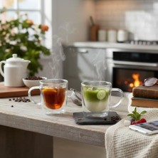 2'li Çift Cidarlı Kulplu Cam Fincan Seti - 100 ml Isıya Dayanıklı Espresso ve Türk Kahvesi Bardağı - El Yakmayan Modern Tasarım (2 Adet)