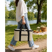 Krem Rengi 22 Litre Termal Piknik ve Taşıma Çantası – Su Geçirmez Kumaş, Kalın Yalıtımlı Iç Kaplama, 2 Bölmeli Soğuk-Sıcak Tutucu Çanta (39X27X23 Cm)