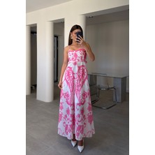 Magarde Inci Işlemeli Sırtı Gipeli Desenli Maxi Boy Elbise- Pembe