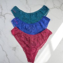 My Dora Lingerie Kadın Dantelli Külot 3'lü Paket - Bordo, Mavi, Yeşil  Slip Brazilian  Set