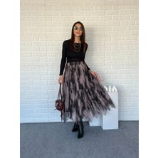 Luxee Içi Astarlı Beli Lastikli Asimetrik Kesim Kloş Tül Etek