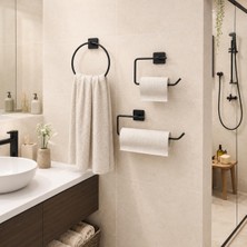 Alper Banyo 3’lü Siyah Banyo Seti, Yapışkanlı ve Vidalı Montajlı Havluluk, Tuvalet Kağıtl�