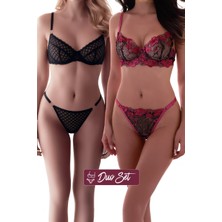 Valunor Duo Set Mesh Siyah ve Fuşya Fantazi Iç Giyim Takımı Dantelli Bralet Tanga 2'li Set Iç Giyim - SET4