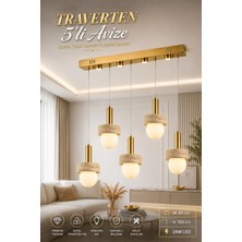 Elvora Home Eskitme (Premium) Traverten Taşlı 5'li Sarkıt Avize Gold Kasa Ledli 24W Aydınlatma Avize Salon Mutfak Oturma Odası Avizesi Modelleri