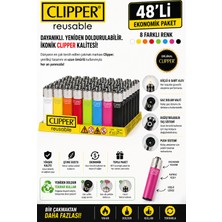 CLİPPER Orijinal Clipper Gazlı Çakmak 48\'li Ekonomik Paket – Doldurulabilir Taş Değiştirilebilir 4 Renk
