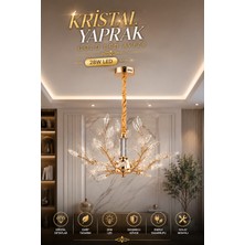 Elvora Home Modern (Premium) Kristal Yaprak Detaylı Gold Ledli 28W Dekoratif Sarkıt Avize Salon Mutfak Oturma Odası Avizesi Modelleri