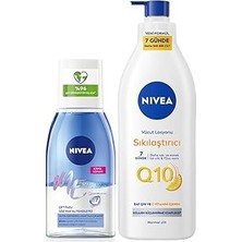 Uravas Store Çift Fazlı Göz Makyaj Temizleme Suyu 125ML ve Q10 Sıkılaştırıcı Nemlendirici Vücut Losyonu 400ML, C Vitamini, Kolajen Tetikleyici, Biotin, Suya Dayanıklı Makyaj