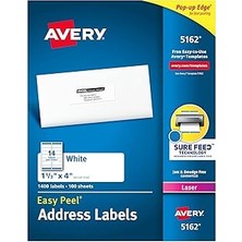Uravas Store Avery Adres Etiketleri, Lazer Yazıcılar Için Emin Besleme, 1-1/3 Inç x 4 Inç, 1400 Etiket, Kalıcı Yapıştırıcı (5162)