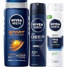 Uravas Store Men Erkek Duş Jeli Sport 500ML, Hassas Tıraş Jeli 200ML ve Deep Dimension Sprey Deodorant 150ML