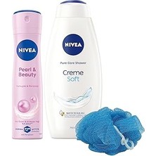 Uravas Store Kadın Sprey Deodorant Pearl&amp;beauty 150ML ve Creme Soft Kremsi Dokunuş Duş Jeli 750ML, Lif Hediyeli