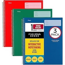 Uravas Store Five Star Interaktif Not Alma Spiral Defter 3'lü Paket, 1 Konu, Geniş Çizgili, 28X22CM, 100 Yaprak, Orman Yeşili, Ateş Kırmızısı, Pasifik Mavisi