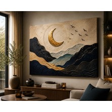 Premium Altın Hilalli Gece Dağları 3D Görünümlü Soyut Kanvas Tablo