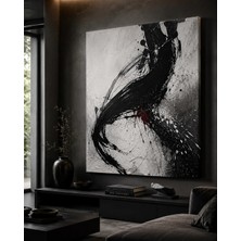 Premium Siyah Fırça Akışı ve Kırmızı Vurgu Kanvas Tablo
