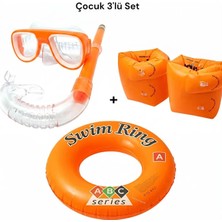 Mustran Çocuk 3'lü Deniz ve Havuz Yüzme Seti Maske Şnorkel - Çift Odalı Kolluk ve Simit