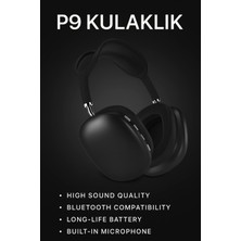 Gees Global P9 Bluetooth 5.0 Kablosuz Siyah Kulaklık Mikrofonlu Uzun Pil Yüksek Bass Anc