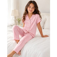 Seamlife Kız Çocuk Önden Düğmeli Gömlek Yakalı Pamuk Saten Dokuma Kısa Kollu Pijama Takımı