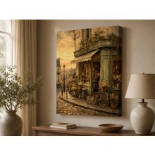 Ftrmalzemecim Premium Gün Batımında Çiçekçi Sokağı Kanvas Tablo – Bisikletli Vintage Avrupa Şehri Dekoratif Duvar Sanatı