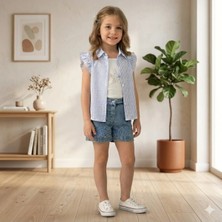 Erca Home Tekstil Ürünleri Gömlek,bluz ,taşlı Kot Şortlu Şık 3 Lü Yazlık Takım 2y,3y,4y,5y Kız Mav