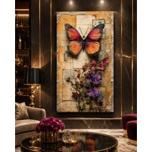 Ftrmalzemecim Premium Vintage Kelebek ve Mor Çiçekler Romantik Dekoratif Kanvas Tablo