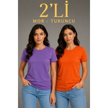 3 Kadın Basic Bisiklet Yaka Yazlık Slim Fit T-Shirt - Mor   Turuncu