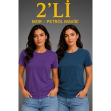 3 Kadın Basic Bisiklet Yaka Yazlık Slim Fit T-Shirt - Mor  Petrol Mavisi
