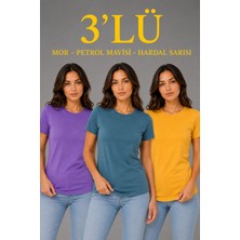 Kadın 3 Lü Kısa Kollu Bisiklet Yaka Basic Slim Fit T-Shirt - Mor - Petrol Mavisi - Hardal