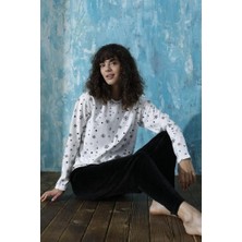 Bebelop Kadın Siyah Kartanesi Desen Bisiklet Yaka Oversize Interlok Pamuklu Üst Kadife Alt Kışlık Pijama Eşofman Takımı