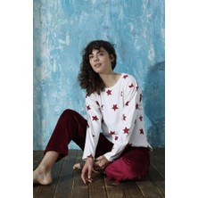 Bebelop Kadın Bisiklet Yaka Oversize Interlok Pamuklu Üst Kadife Alt Kışlık Pijama Eşofman Takımı