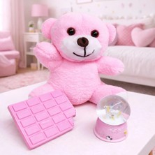 Uravas Store Pembe Peluş Ayıcık, Kar Küresi ve Pembe Çikolata Not Defteri Hediye Seti